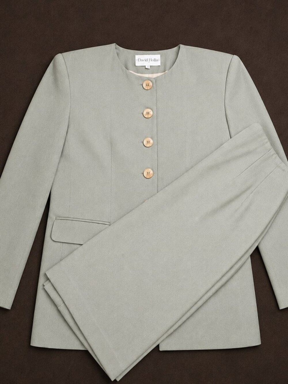 David Hollis Sage Green Skirt Suit Size 8 Collarless Jacket Classic